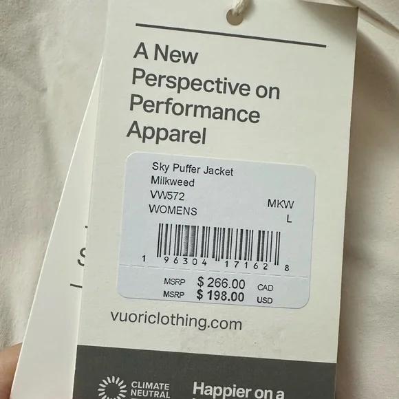 Vuori Sky Puffer Jacket Size Large NWT in Milkweed - Picture 6 of 7